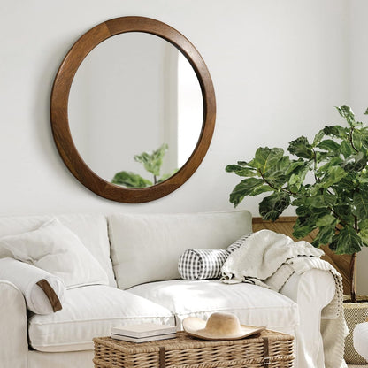 30" Walnut Wood Round Wall Mirror: Rustic Style-0