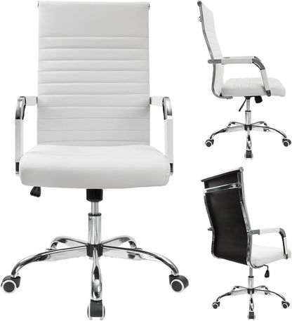 Ribbed Office Desk Chair Mid-Back PU Leather Executive Conference Task Chair Adjustable Swivel Chair with Arms (White)-3