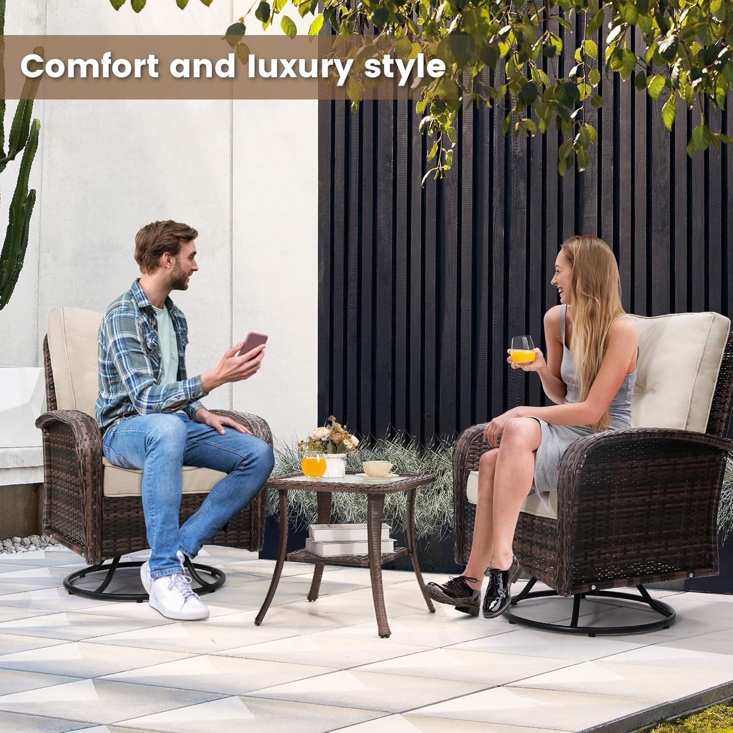 2 Luxury Outdoor Swivel Wicker Glider Patio Chairs with Table Set, Overstuffed Washable Cushions, Ideal for Porch, Balcony, Deck, Brown Rattan and Beige Cushions-2