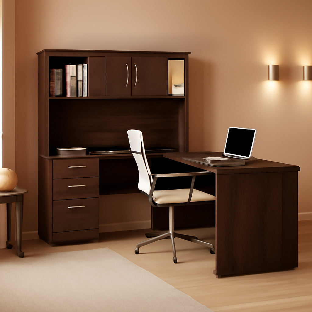 Logan U or L-Shaped Executive Office Desk with Pedestal and Hutch in Antigua, 66W-0