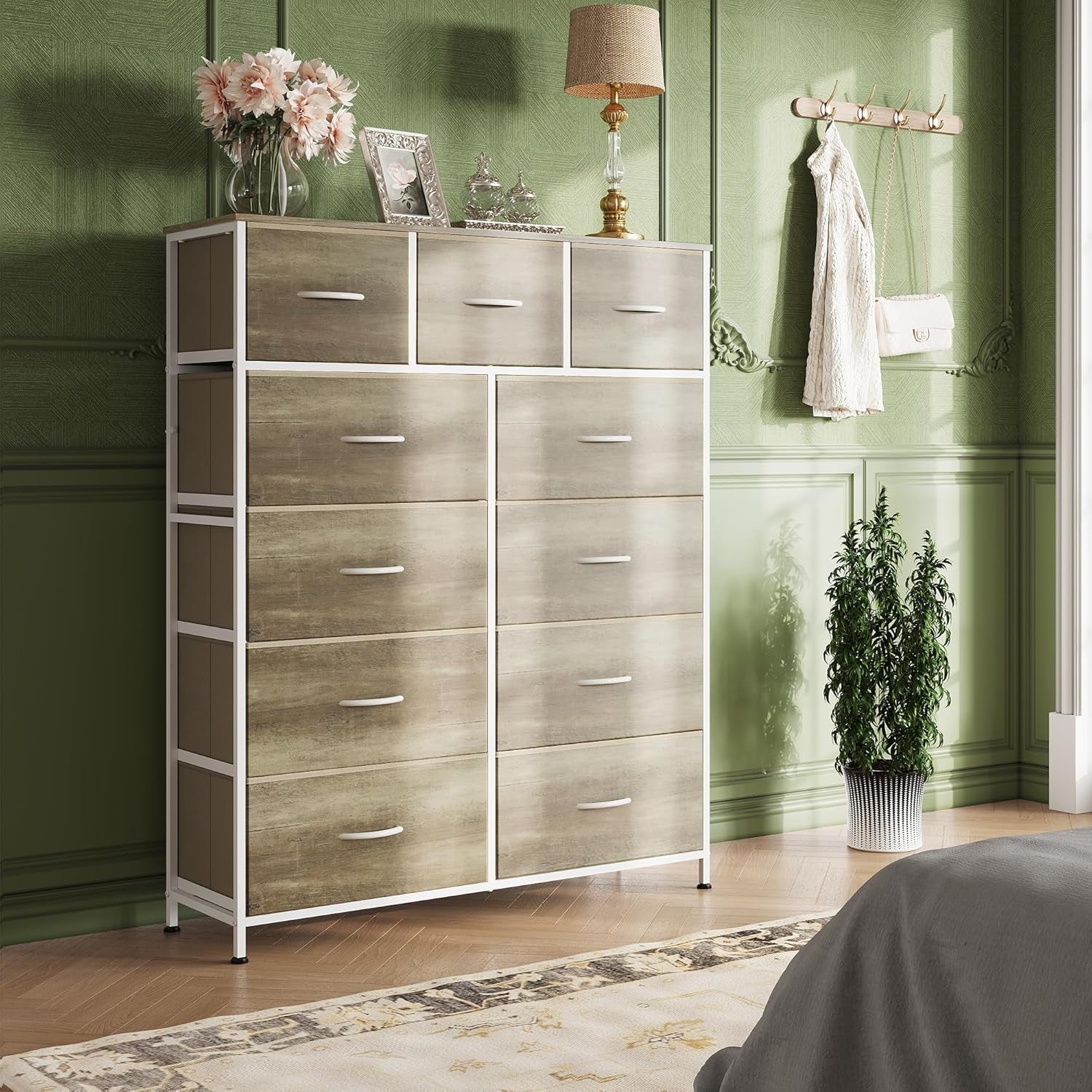 Tall Dresser for Bedroom, Fabric Dresser Storage Tower, Dresser & Chest of Drawers Organizer Unit with 11 Drawers, Storage Cabinet, Hallway, Closets, Steel Frame, Wood Top (Greige)-3
