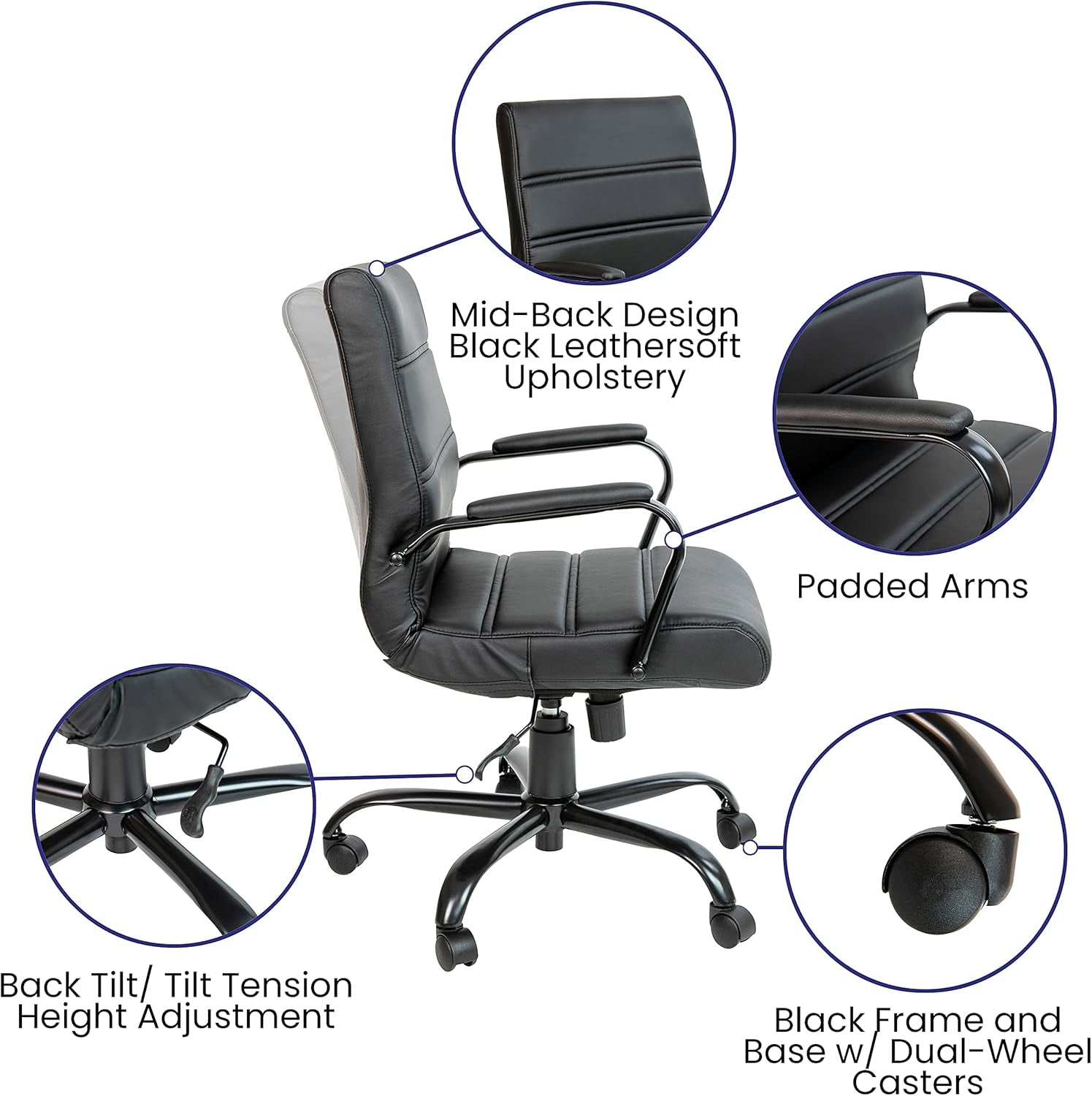 Whitney Mid-Back Swivel Leathersoft Desk Chair with Padded Seat and Armrests, Adjustable Height Padded Office Chair, Black-3