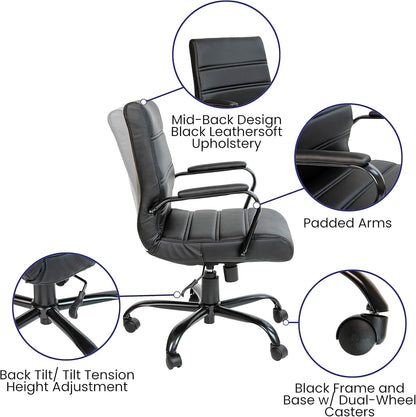 Whitney Mid-Back Swivel Leathersoft Desk Chair with Padded Seat and Armrests, Adjustable Height Padded Office Chair, Black-3