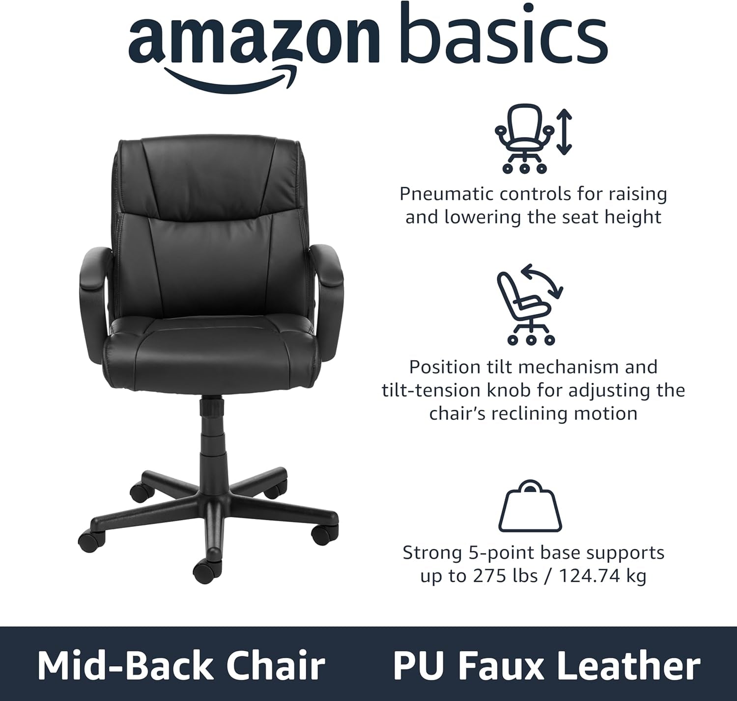 Office Computer Task Desk Chair with Padded Armrests, Mid-Back, Adjustable, 360 Swivel, Rolling, 275 Pound Capacity, BIFMA Certified, 24.2"D X 24"W X 34.8"H, Black Faux Leather-3