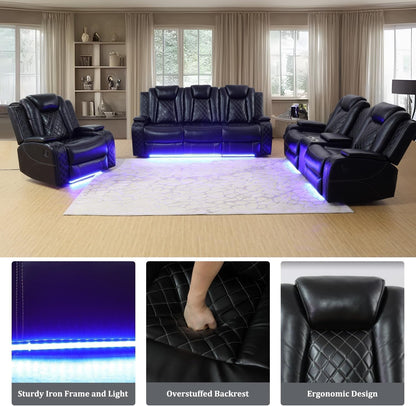 Power Recliner Sofa Set with LED, Leather Reclining Sofa Set, Living Room Furniture Set with USB Charging (Black)-2