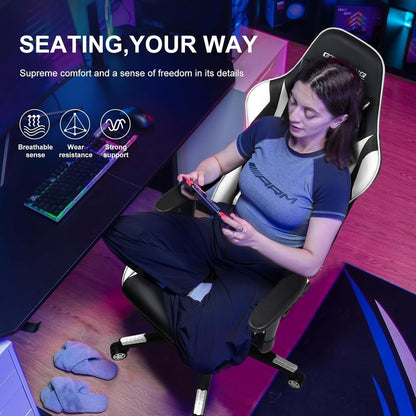 Gaming Chair with Footrest, Ergonomic Computer Game Desk Chair, Reclining Gamer Chair Seat Height Adjustment, Swivel Rocker with Headrest and Lumbar (White)-3