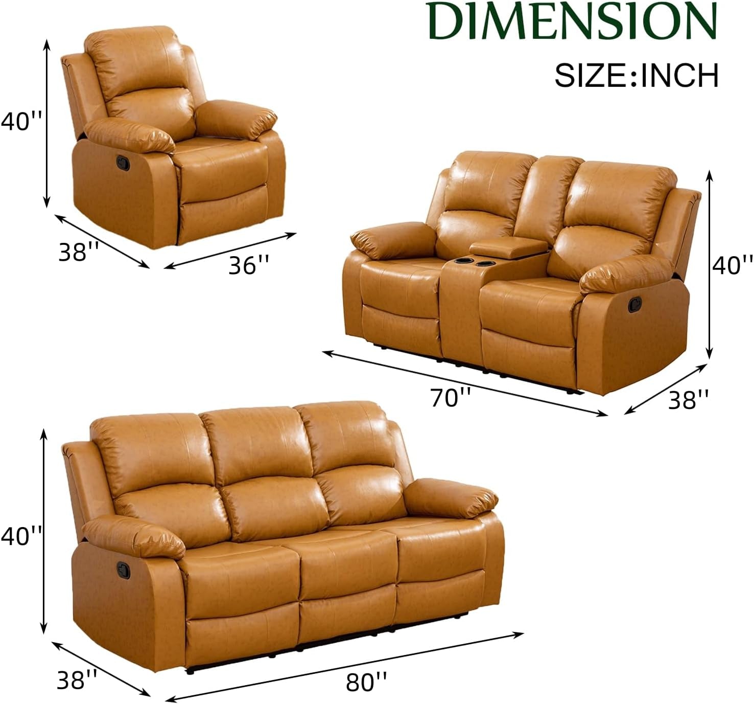 Leather Recliner Sofa Set，Leather Reclining Sofa Set for Living Room Furniture Sets，Ginger Recliner Couch Set for Living Room/Office/Theater Seating(Sofa Set 3 Pieces)-1
