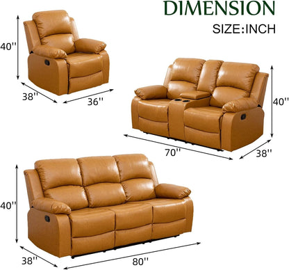 Leather Recliner Sofa Set，Leather Reclining Sofa Set for Living Room Furniture Sets，Ginger Recliner Couch Set for Living Room/Office/Theater Seating(Sofa Set 3 Pieces)-1