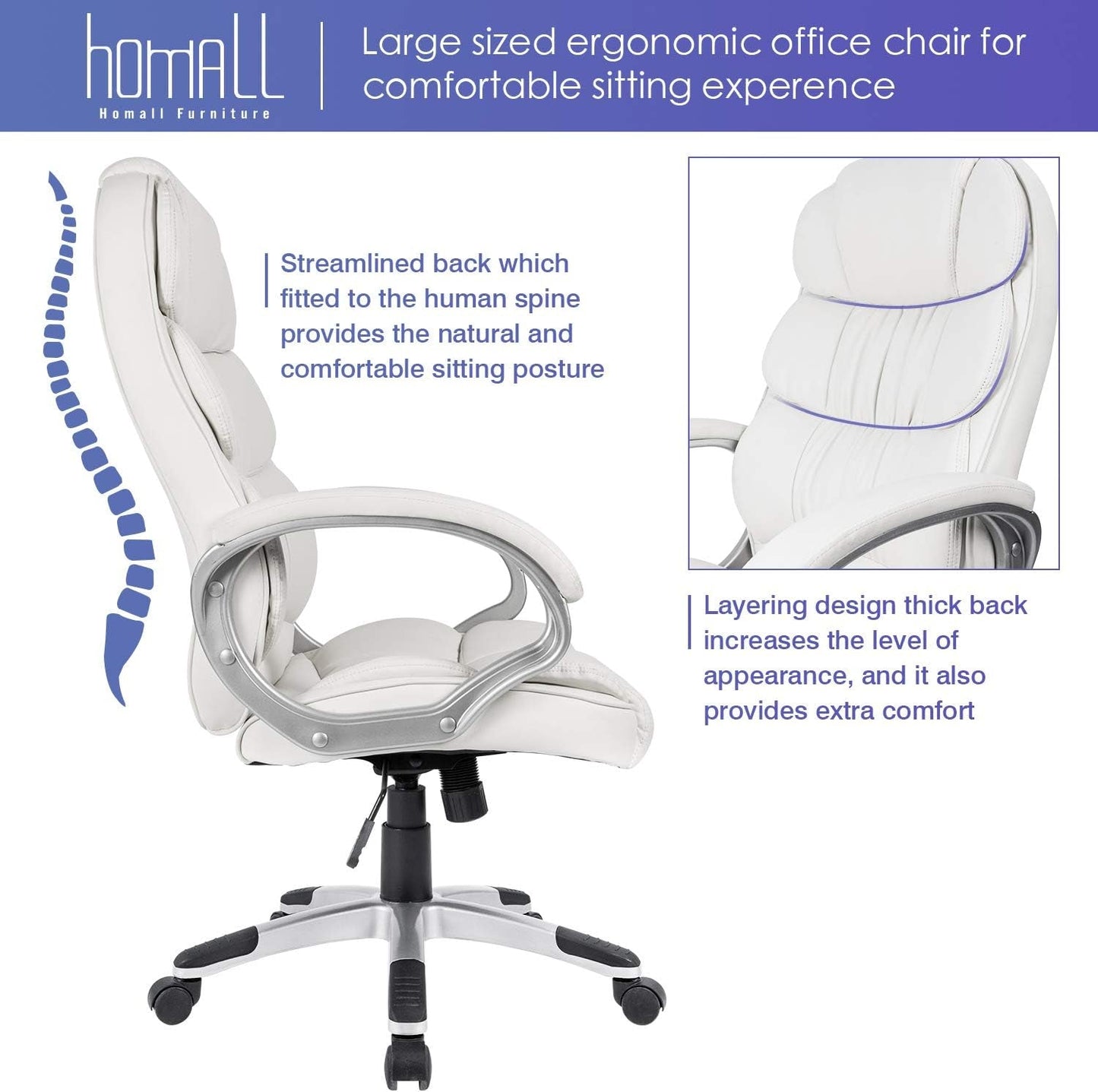 Office Chair High Back Computer Desk Chair, PU Leather Adjustable Height Modern Executive Swivel Task with Padded Armrests and Lumbar Support (White)-3