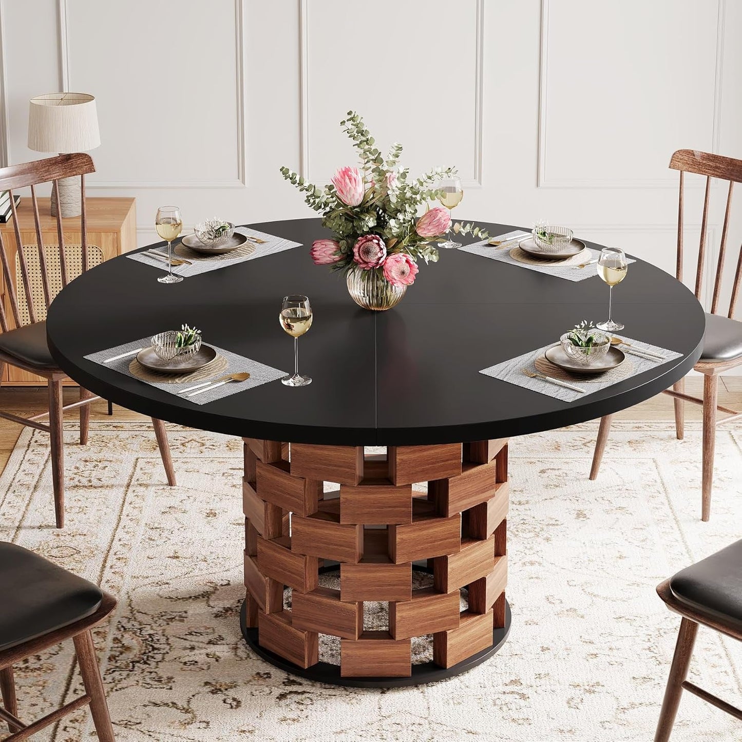 Round 47 Inch Dining Table Farmhouse Wood Base Black-3