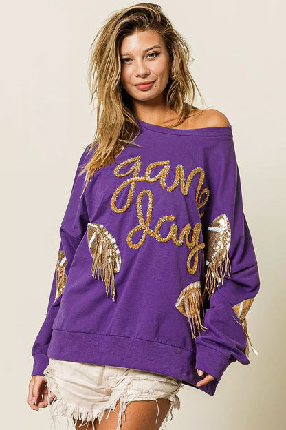 BiBi Sequin Football Patches Game Day Sweatshirt
