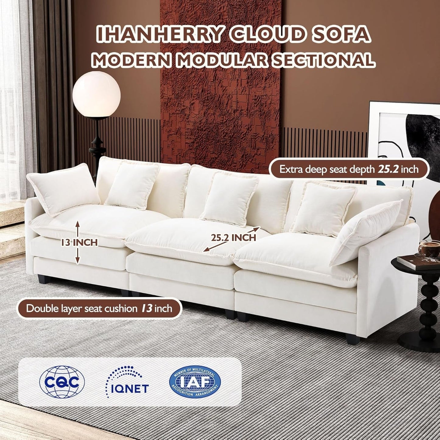 111.4 Inch 3-Seater Cloud Sofa, Modular Sectional Couch, Modern Deep Seat Sofa for Living Room, Comfy Double Layer Upholstered Seat Cushion, Breathable Chenille Fabric, Beige-1