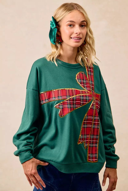 BiBi Plaid Ribbon Bow Detail Christmas Fleece Pullover