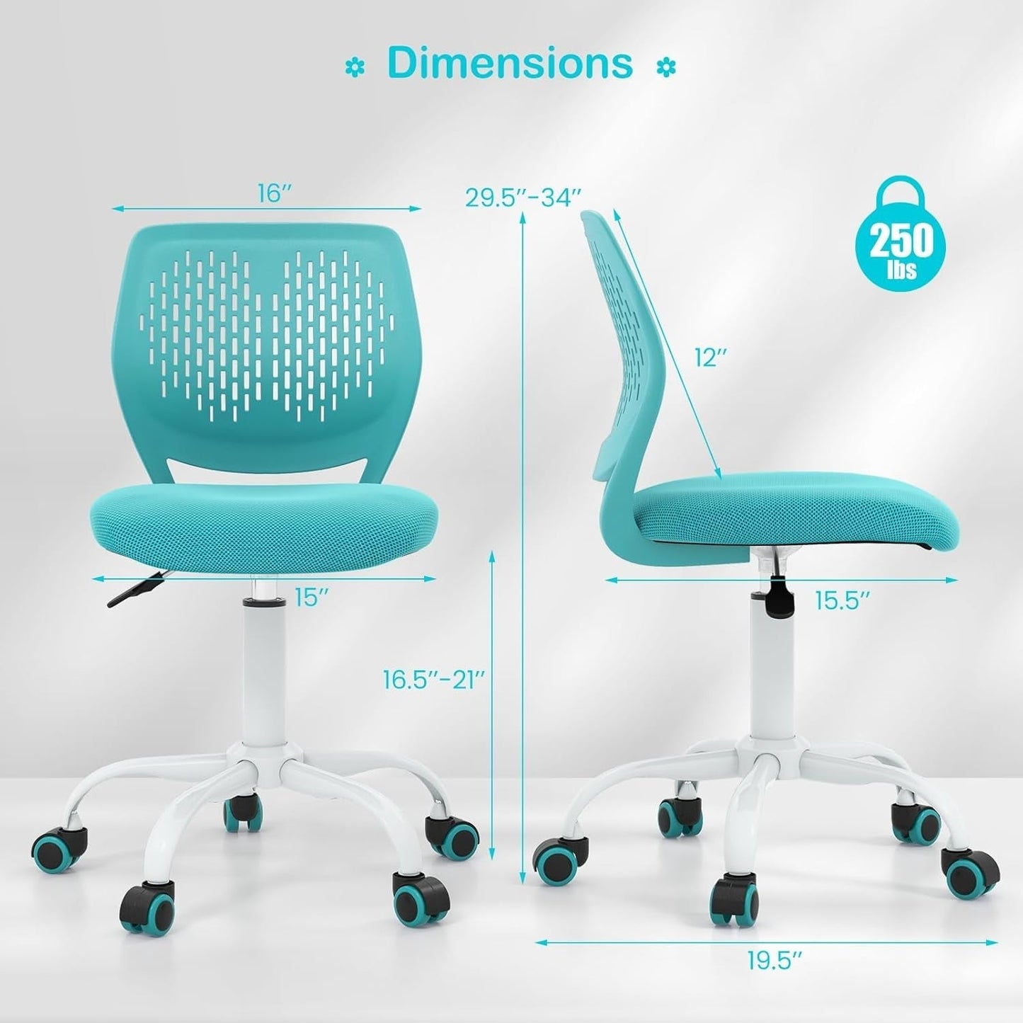 Kids Desk Chair, Adjustable Children Study Chair, Swivel Chair Armless Mesh Task Student Chair, Child Desk Chair with Adjustable Height & Lumbar Support Computer Chair, Turquoise-2