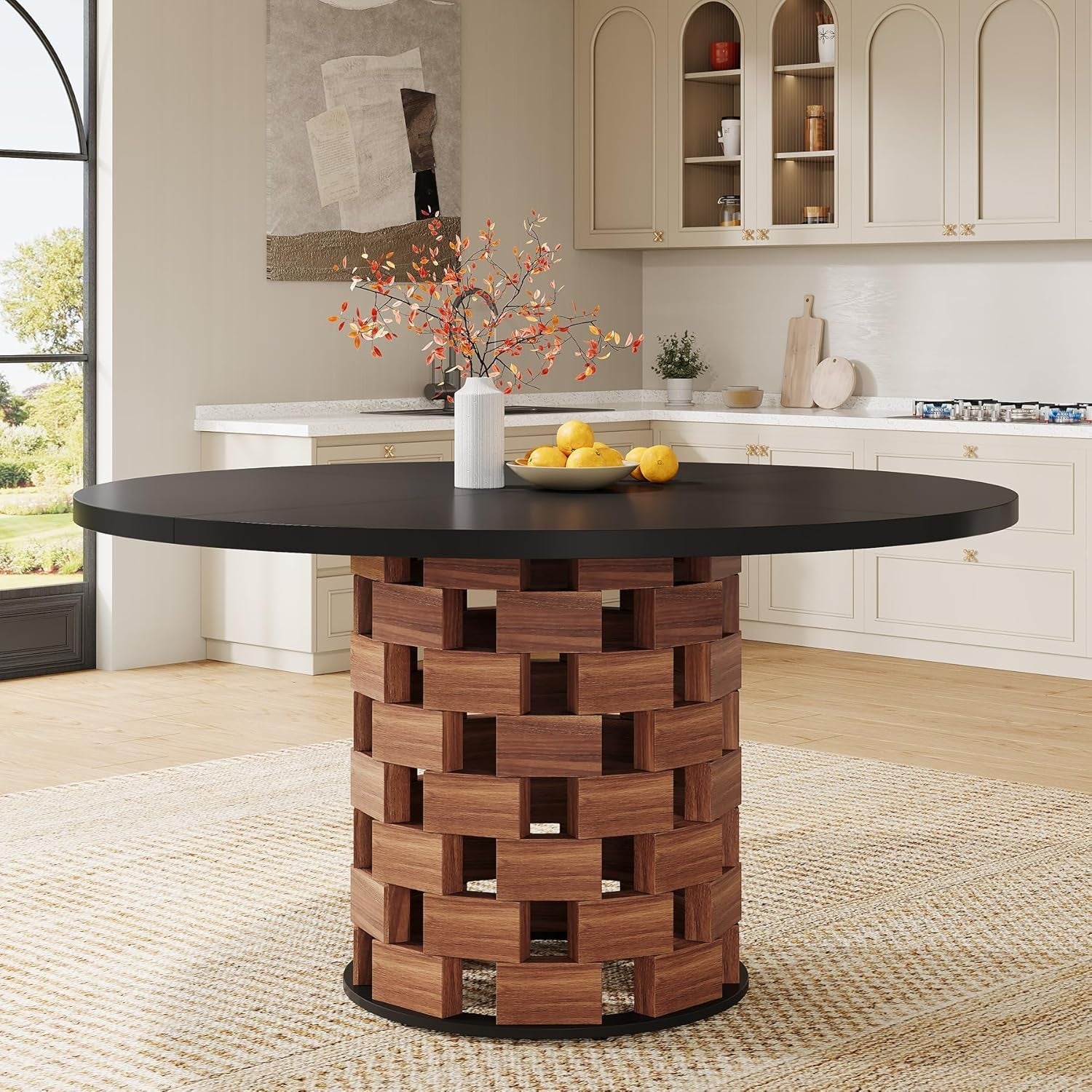 Round 47 Inch Dining Table Farmhouse Wood Base Black-2
