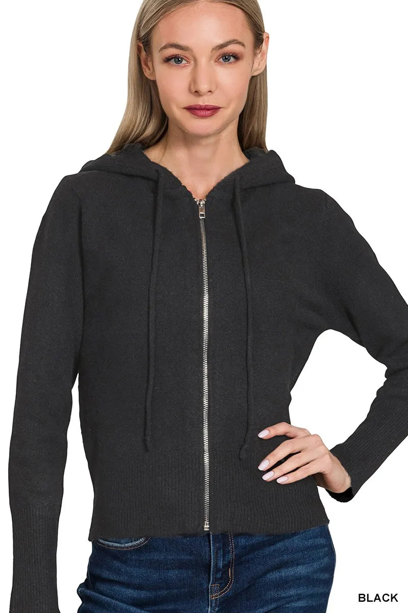 Zenana Drawstring Zip Up Hooded Cardigan