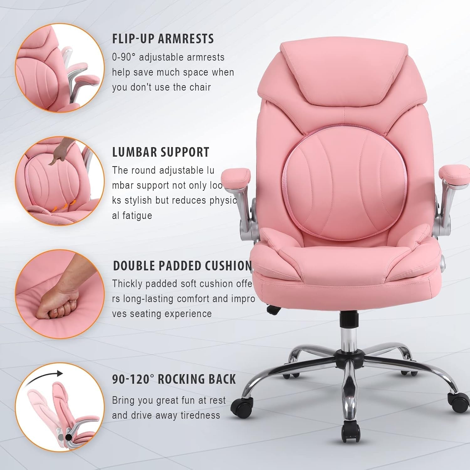 Ergonomic Executive Office Chairs with Adjustable Lumbar Support, 90-120° Rocking Managerial Chair Swivel Desk Chairs with Padded Flip-Up Armrests (Pink), Medium(300Lbs)-3