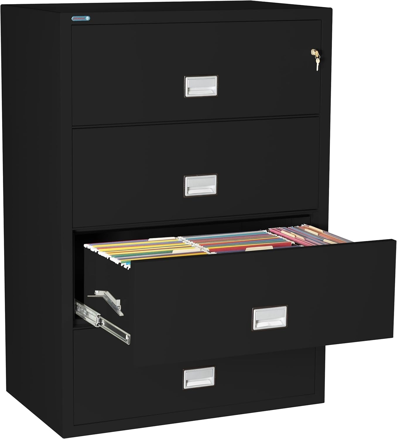 Lateral 38 Inch 4-Drawer Fireproof File Cabinet with Key Lock, Water Seal, Black,-1