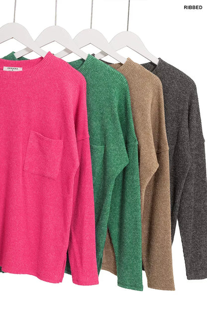 Zenana Ribbed Brushed Melange Hacci Sweater with Chest Pocket