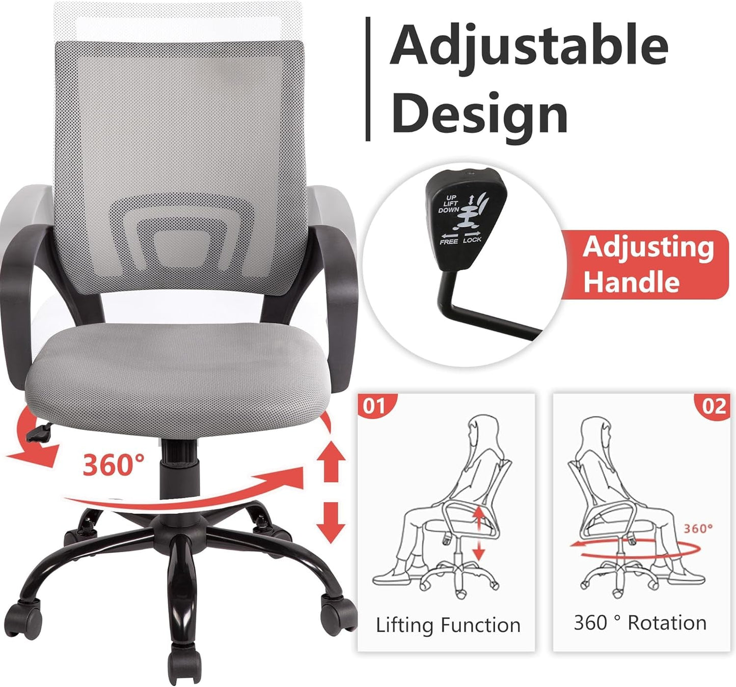 Office Chair Computer Chair Ergonomic Cheap Desk Chair Adjustable Comfortable Mid Back Task Rolling Swivel Chair with Lumbar Support for Home Office Desk (Grey)-3