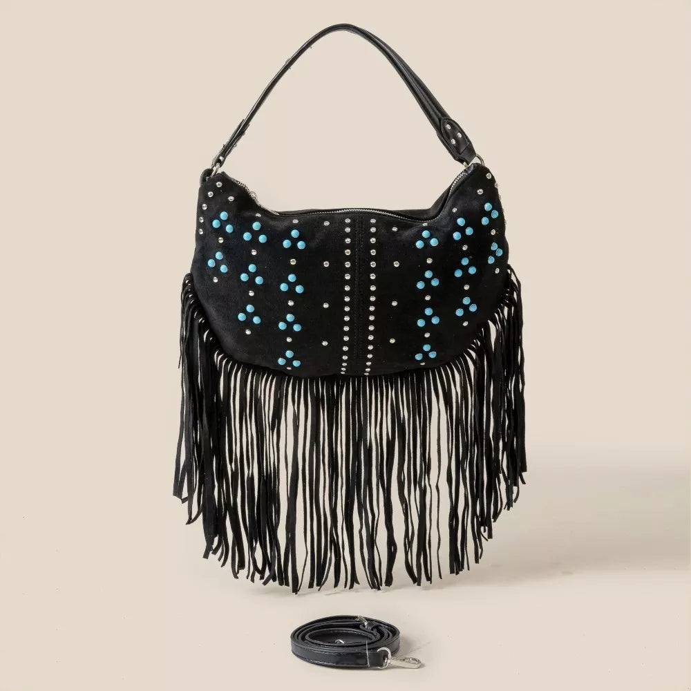 Fame Studded Pattern Multi Fringe Hobo Shoulder Bag