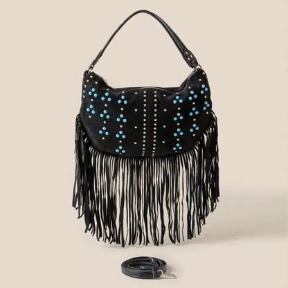 Fame Studded Pattern Multi Fringe Hobo Shoulder Bag