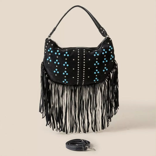 Fame Studded Pattern Multi Fringe Hobo Shoulder Bag