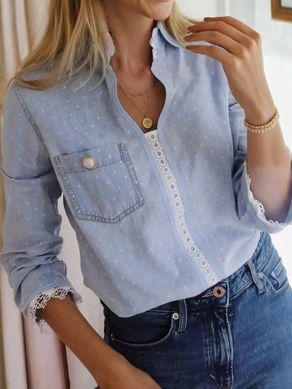 Lace Trim Patchwork Dotted Print Collared Blouse