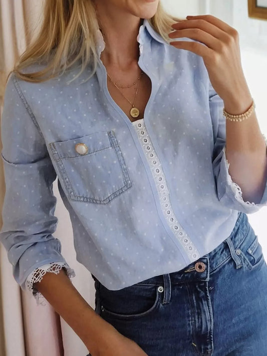 Lace Trim Patchwork Dotted Print Collared Blouse