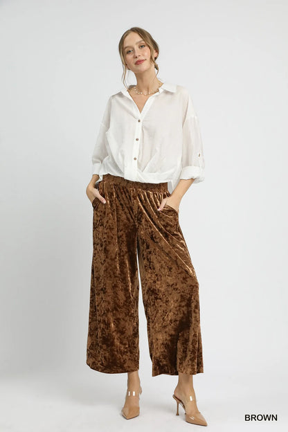 Umgee Velvet Smocked Waistband Wide Leg Pants
