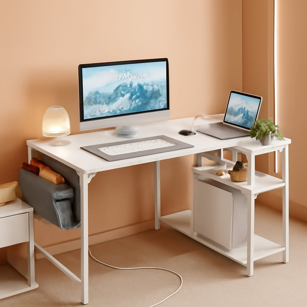 Small Computer Desk with Power Outlets, 40 Inch L Shaped Desk with Reversible Shelves, Gaming Desk Corner Desk Study Writing Desk for Home Office Bedroom Small Space, White-0