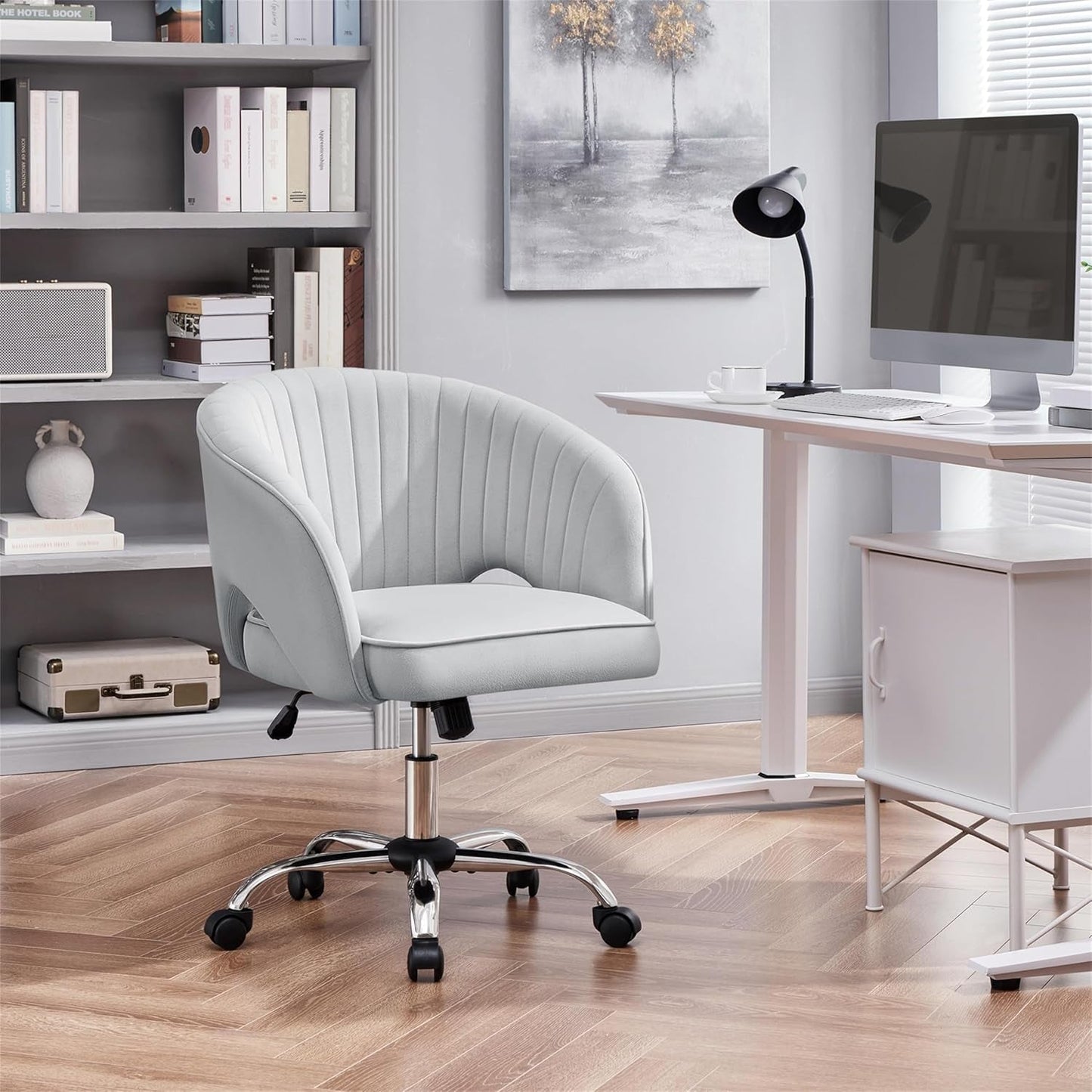 Home Office Chair, Velvet Desk Chair, Upholstered Modern Swivel Chair with Tufted Barrel Back, Rolling Wheels for Office,Study, Vanity,Bedroom Light Gray-1