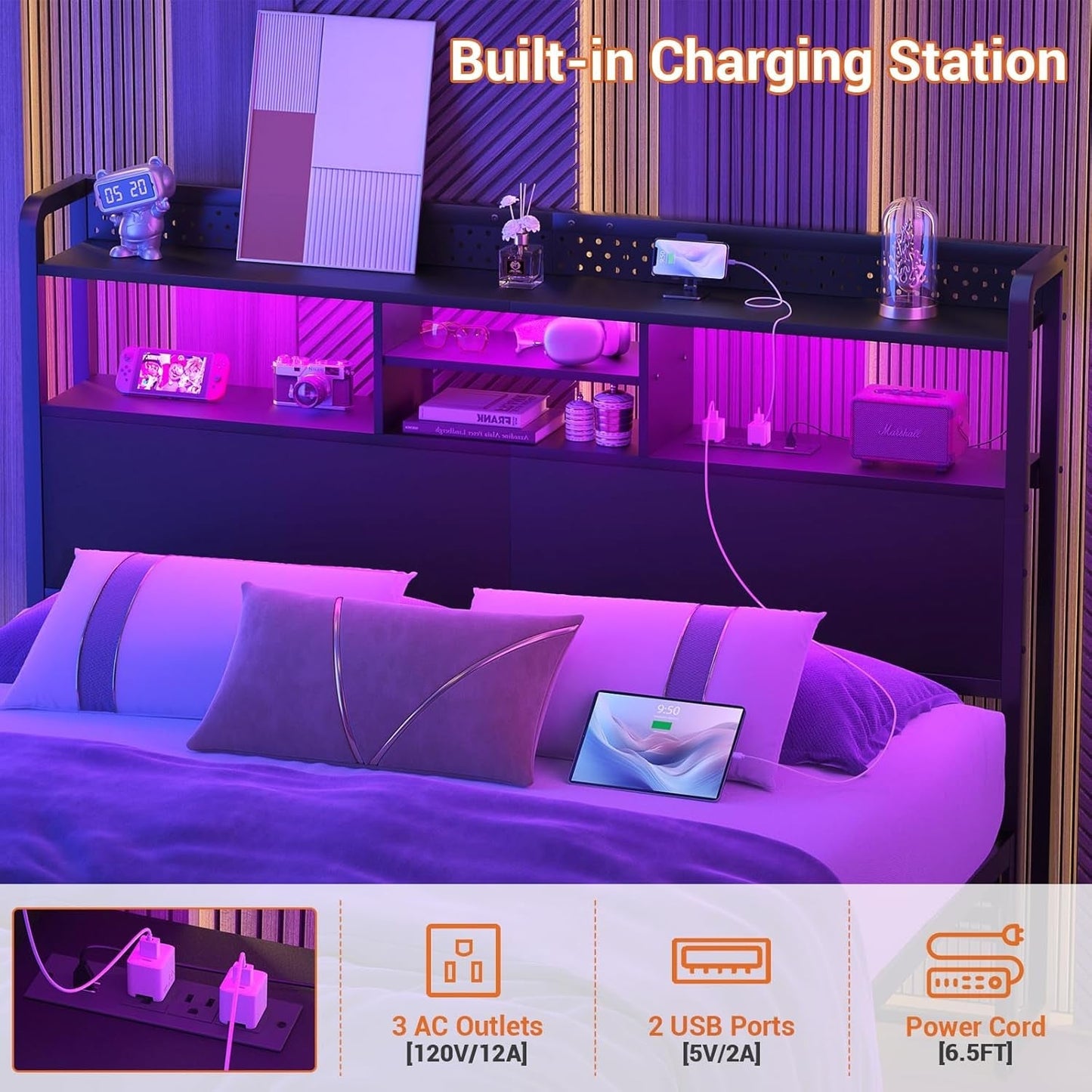 Queen Size Headboard with USB Ports and LED Light-4