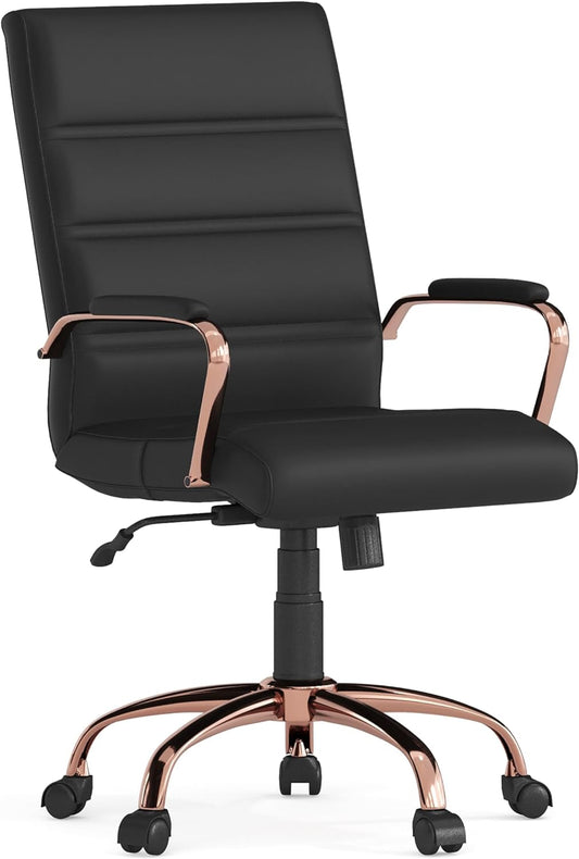 Whitney Mid-Back Swivel Leathersoft Desk Chair with Padded Seat and Armrests, Adjustable Height Padded Leathersoft Office Chair, Black/Rose Gold-0