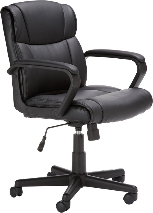 Office Computer Task Desk Chair with Padded Armrests, Mid-Back, Adjustable, 360 Swivel, Rolling, 275 Pound Capacity, BIFMA Certified, 24.2"D X 24"W X 34.8"H, Black Faux Leather-0