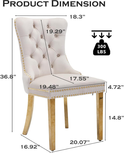 Velvet Dining Chair Set of 2 Upholstered Tufted Dining Room Chair with Nailhead Trim and Stainless Steel Gold Plated Legs for Kitchen, Restaurant, Beige-1