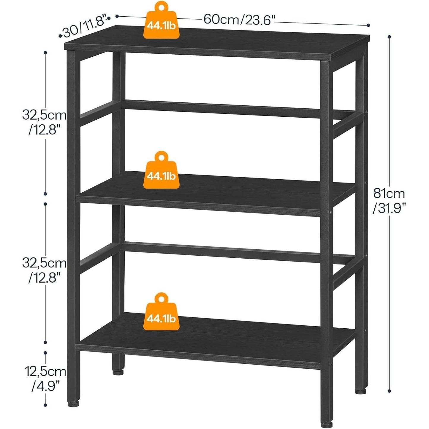 3 Tier Bookshelf, Industrial Bookcase, Record Storage Rack with Side Fence, Wood Storage Shelf with Metal Frame, Rustic Open Display Shelf for Living Room, Bedroom, Black BB86CJ01-2