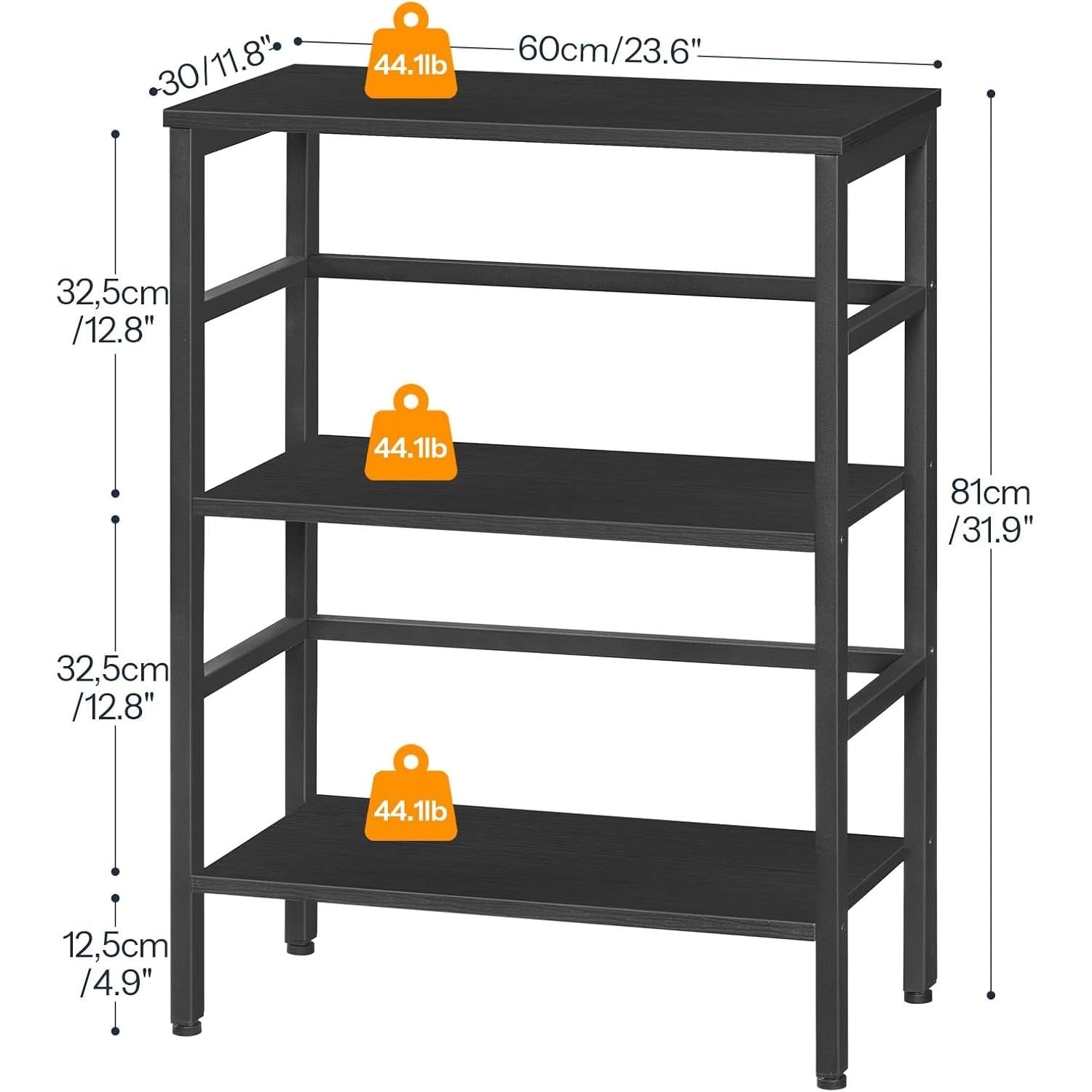 3 Tier Bookshelf, Industrial Bookcase, Record Storage Rack with Side Fence, Wood Storage Shelf with Metal Frame, Rustic Open Display Shelf for Living Room, Bedroom, Black BB86CJ01-2