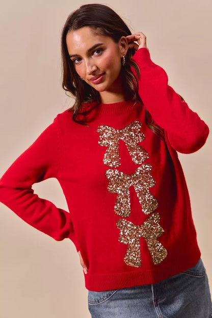 SO ME Sequins Bow Ribbon Embellished Christmas Sweater