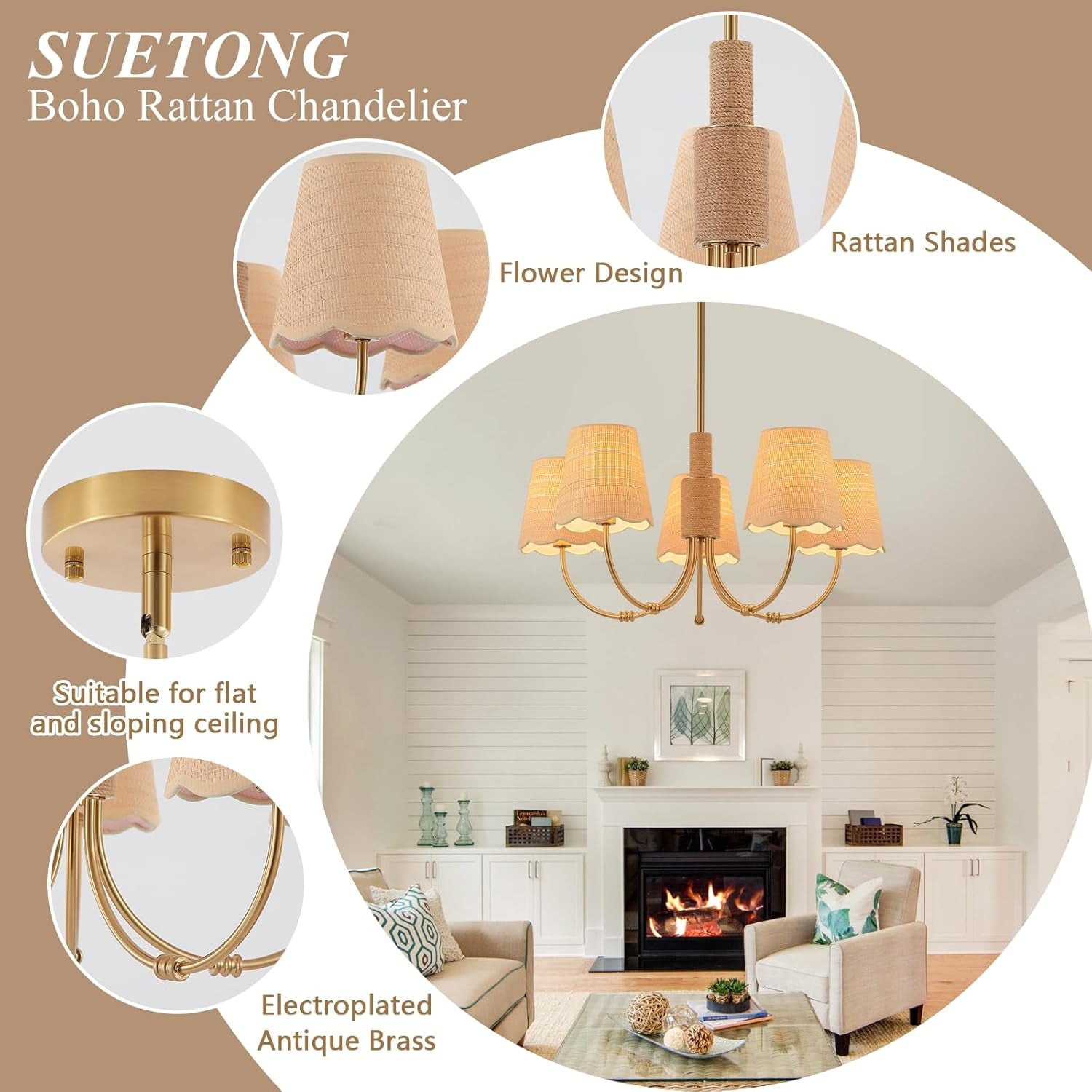 Boho Rattan Chandelier Antique Brass Farmhouse Pendant-1