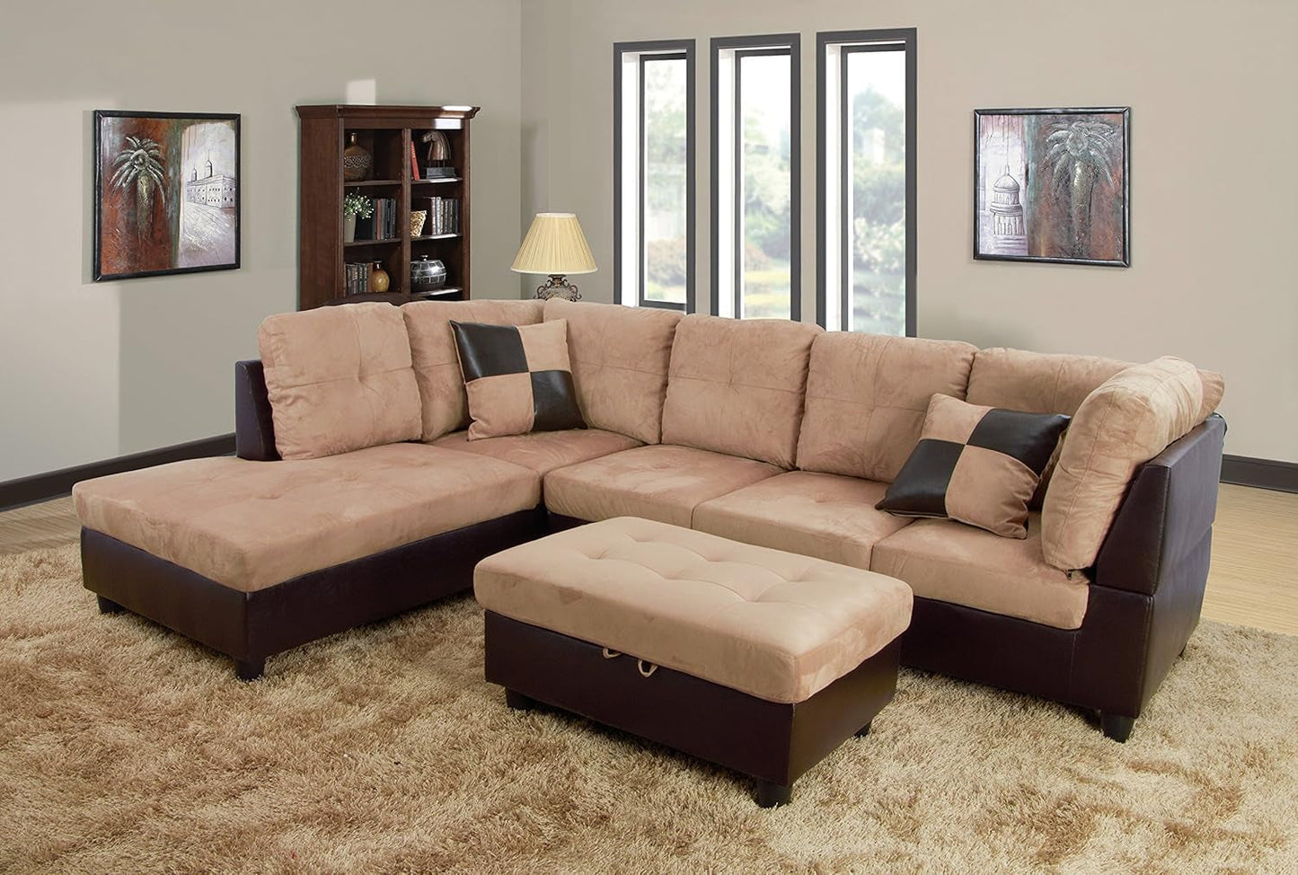 3-Piece Contemporary Sectional Sofa with Chaise and Storage Ottoman for Living Room Furniture | Faux Leather & Microfiber Upholstery | Removable High Density Memory Foam Cushions (Beige,Left-Facing)-0