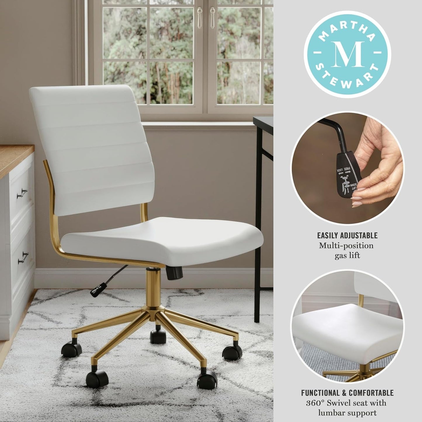 Ivy Armless Swivel Task Chair for Home Office in White Faux Leather with Polished Brass Frame-3