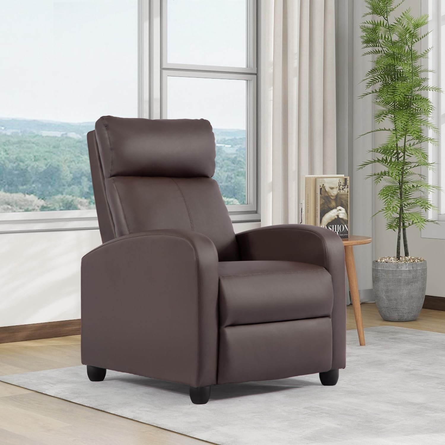 Recliner Chair Single Reclining Sofa Leather Chair Home Theater Seating Living Room Lounge Chaise with Padded Seat Backrest (Brown)-3