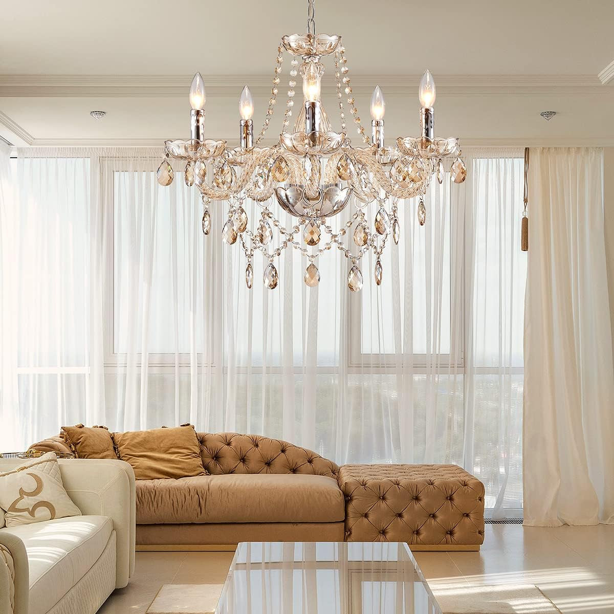 Champagne Crystal Chandelier 5 Light Modern Bedroom-1