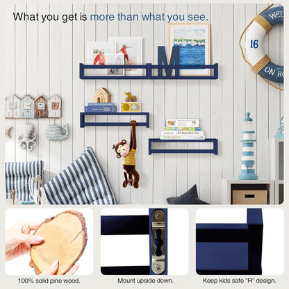 Navy Blue Floating Book Shelves for Nursery Boy, Decorative Wall Bookshelf for Kids Room, Small Wood Floating Shelves Wall Mounted for Boys Bedroom Bathroom (Set of 4, Blue)-4