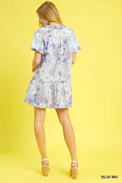 Umgee Floral Ruffled Puff Sleeve Mini Dress