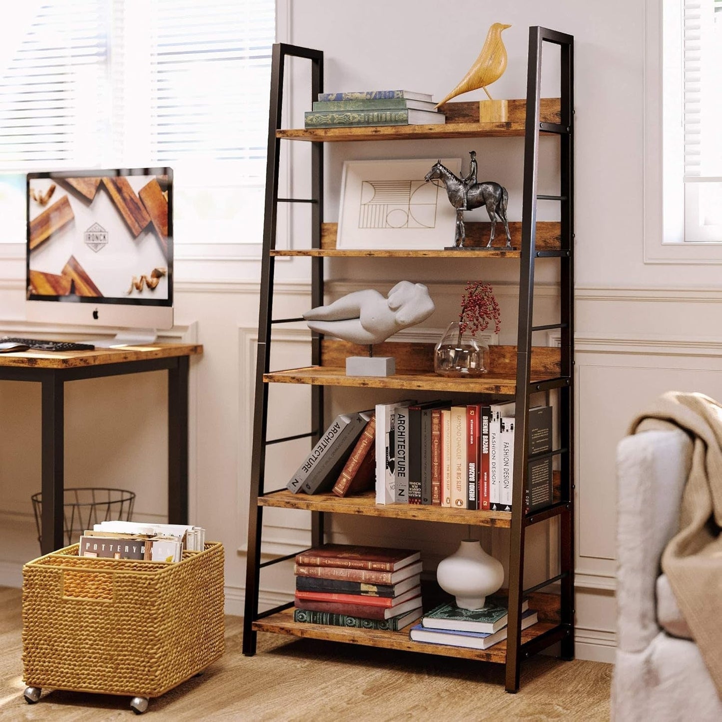 Industrial Ladder Shelf 5 Tier Bookshelf Rustic Brown-1