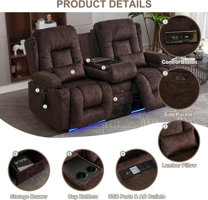 Power Loveseat Recliner Sofa with Massage & Heat Home Theater Seating with Console RV Recliner Loveseat Sofa with Usb/Outlet/Storage/Side Pocket/Led Light/Speaker (Velvet, Brown)-4