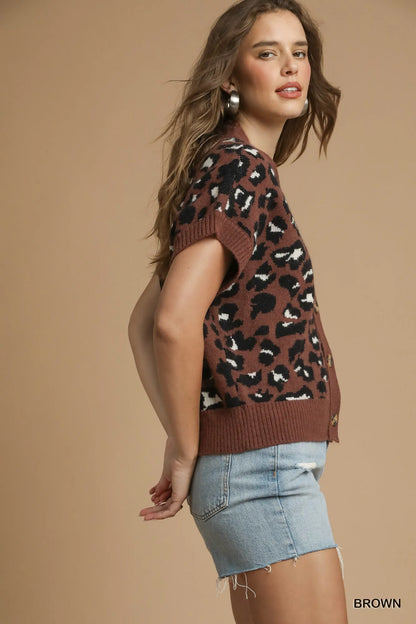 Umgee Leopard Button Down Short Sleeve Cardigan
