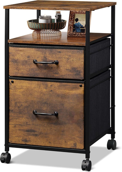 2 Drawer Mobile File Cabinet, Rolling Printer Stand with Open Storage Shelf, Fabric Vertical Filing Cabinet Fits A4 or Letter Size for Home Office, Rustic Brown Wood Grain Print-0